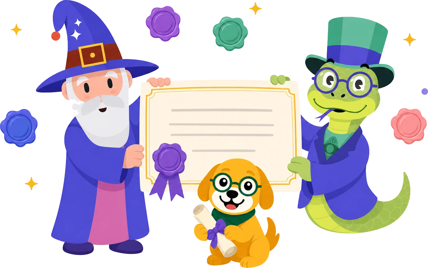 The wizard, the snake and the puppy hold up a certificate with a wax seal