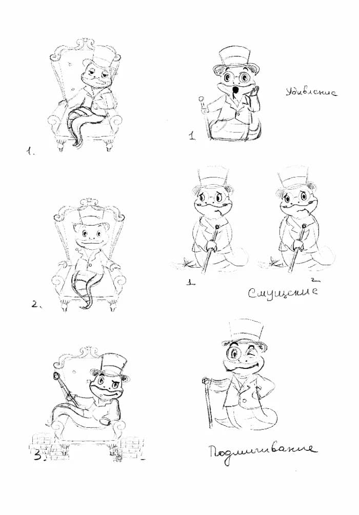 An artist's timelapse: three poses and three expressions of Snage appearing in pencil on a sheet of paper