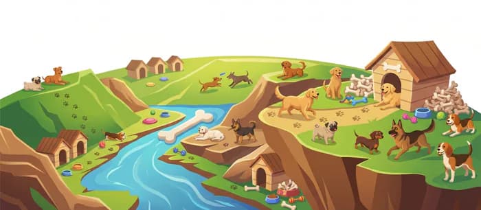 Isometric illustration of the Dogs world: dogs, a doghouse, and green hills