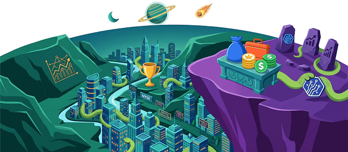 Isometric illustration of the Business and Finance world: a city of skyscrapers, a trophy, coins, and money bags