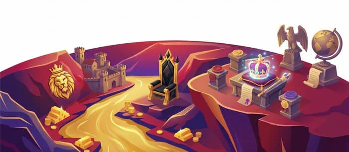 Isometric illustration of the Leadership world: a castle, a throne, a globe, and a lion