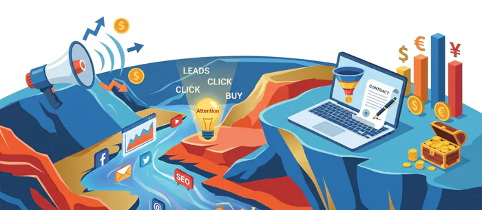 Isometric illustration of the Marketing world: a megaphone, charts, a laptop, and a treasure chest