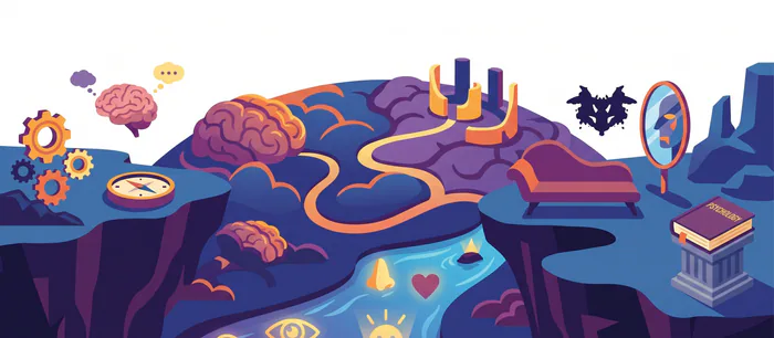 Isometric illustration of the Psychology world: brains, gears, a therapy couch, and a mirror