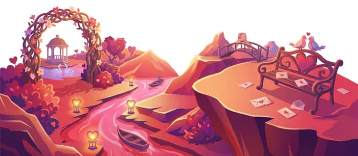 Isometric illustration of the Relationships world: a rose arch, a park bench, and love letters