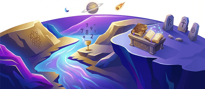 Isometric illustration of the Spiritual world: a cup, numbers, an open book, and rune stones on floating islands