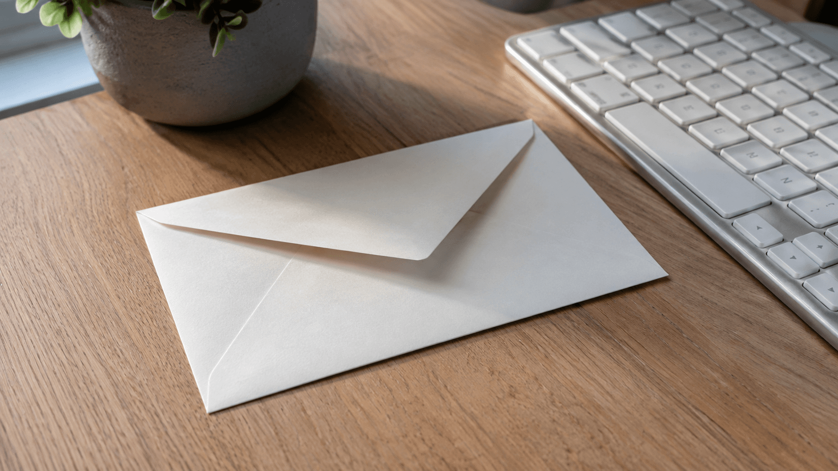 Close-up of an unopened envelope on a desk beside a keyboard, natural window light
