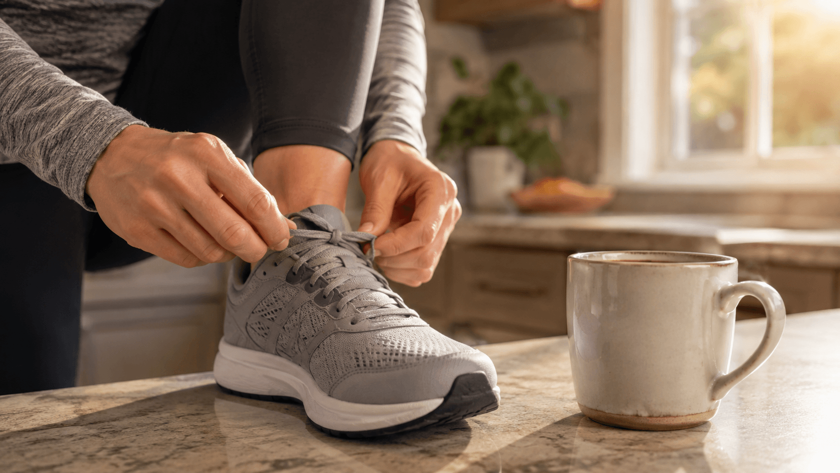 Primer plano de una mano atando una zapatilla de correr junto a una taza de café sobre la encimera, con luz de la mañana