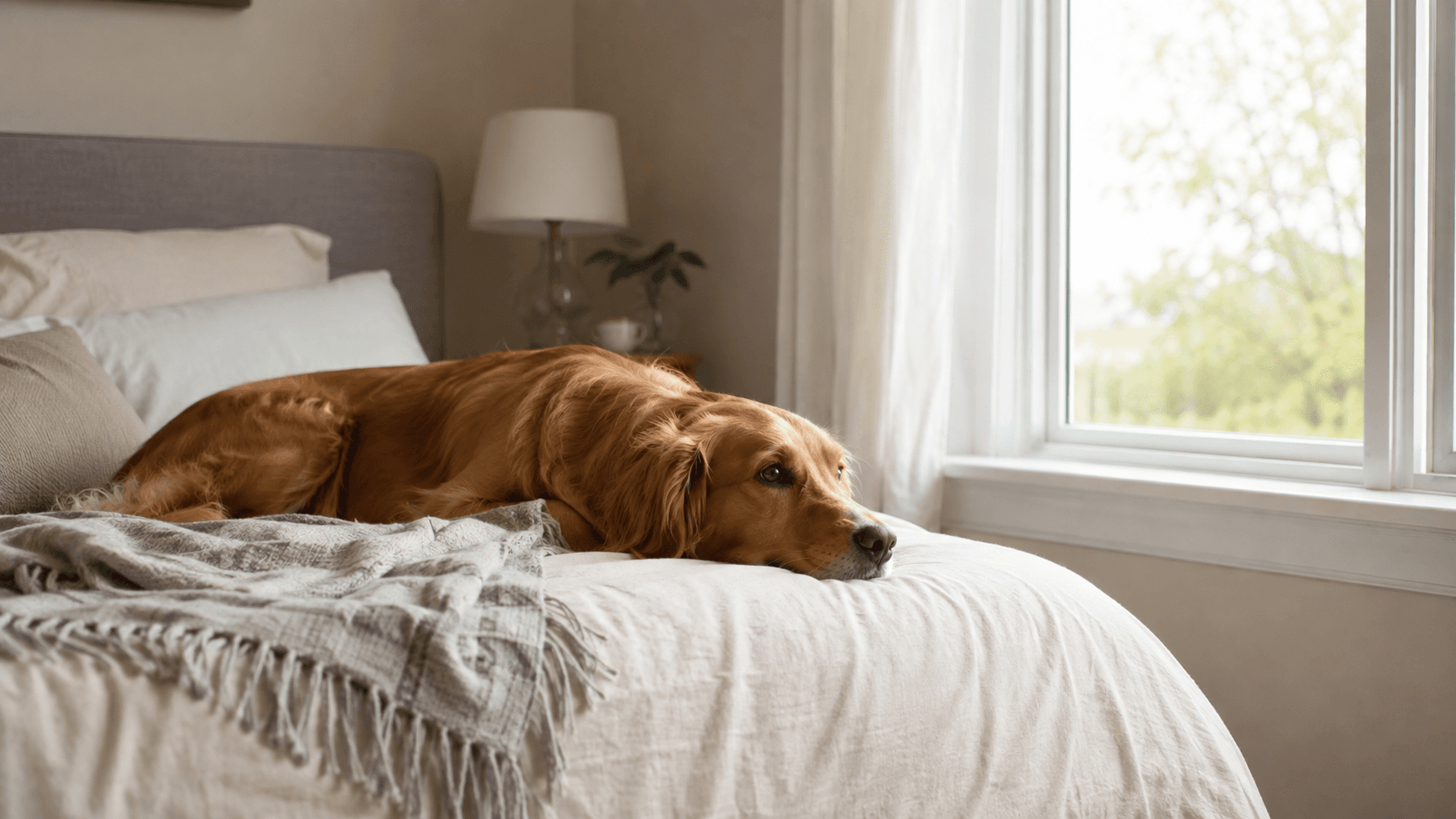 A dog calmly resting on a bed near a window with soft daylight, body loose and relaxed
