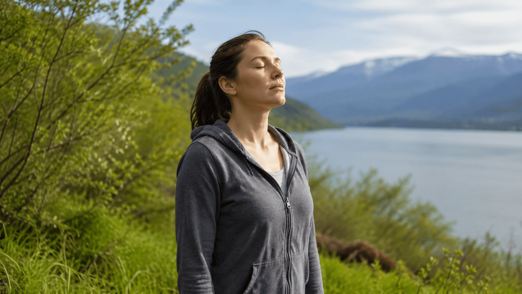 A person taking a slow breath outdoors, eyes closed, hands relaxed at their sides, soft daylight
