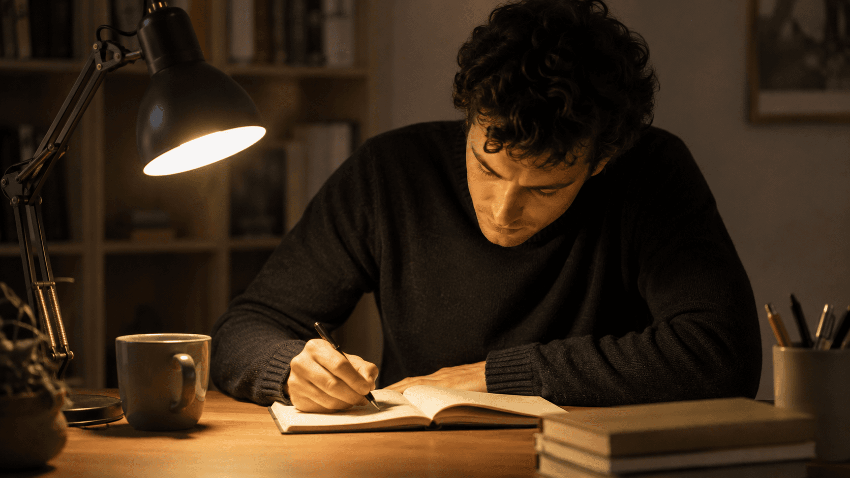 Una persona escribe la primera frase en un cuaderno, concentrada y bajo la luz cálida de una lámpara de escritorio