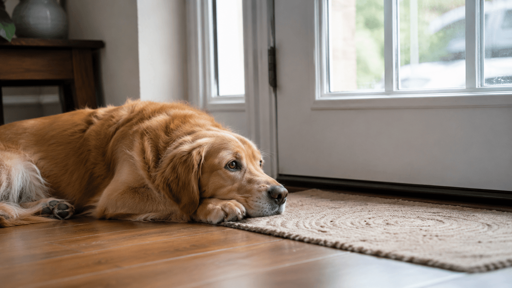 A dog lying by a front door, chin resting on paws, looking toward the entrance