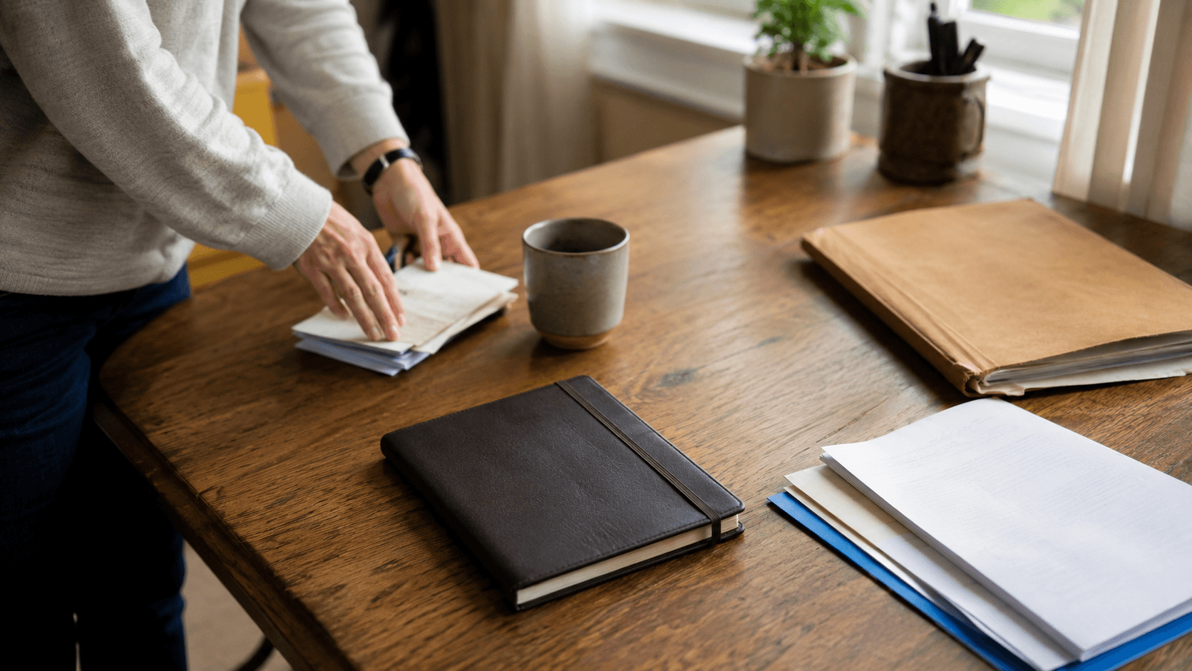 A closed laptop on a desk beside a stack of papers labeled with a sticky note, quiet untouched scene