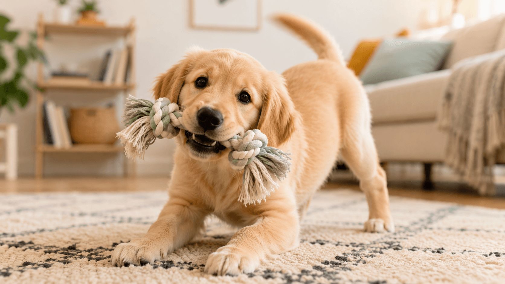 A puppy with a soft rope toy in its mouth, tail mid-wag, loose wiggly body posture