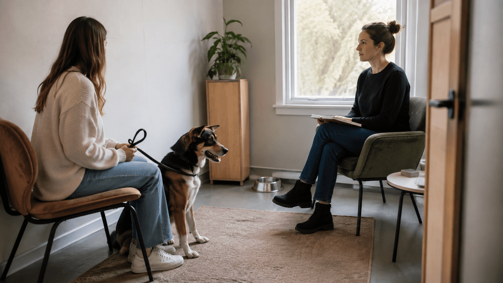 A dog sitting calmly on an examination table facing a person in professional clothing, side view