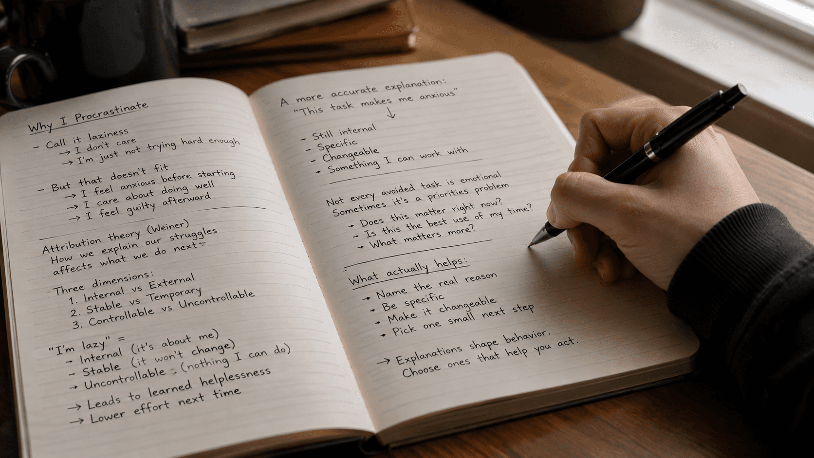 An open notebook reframing “I'm lazy” into a more specific explanation about anxiety and procrastination