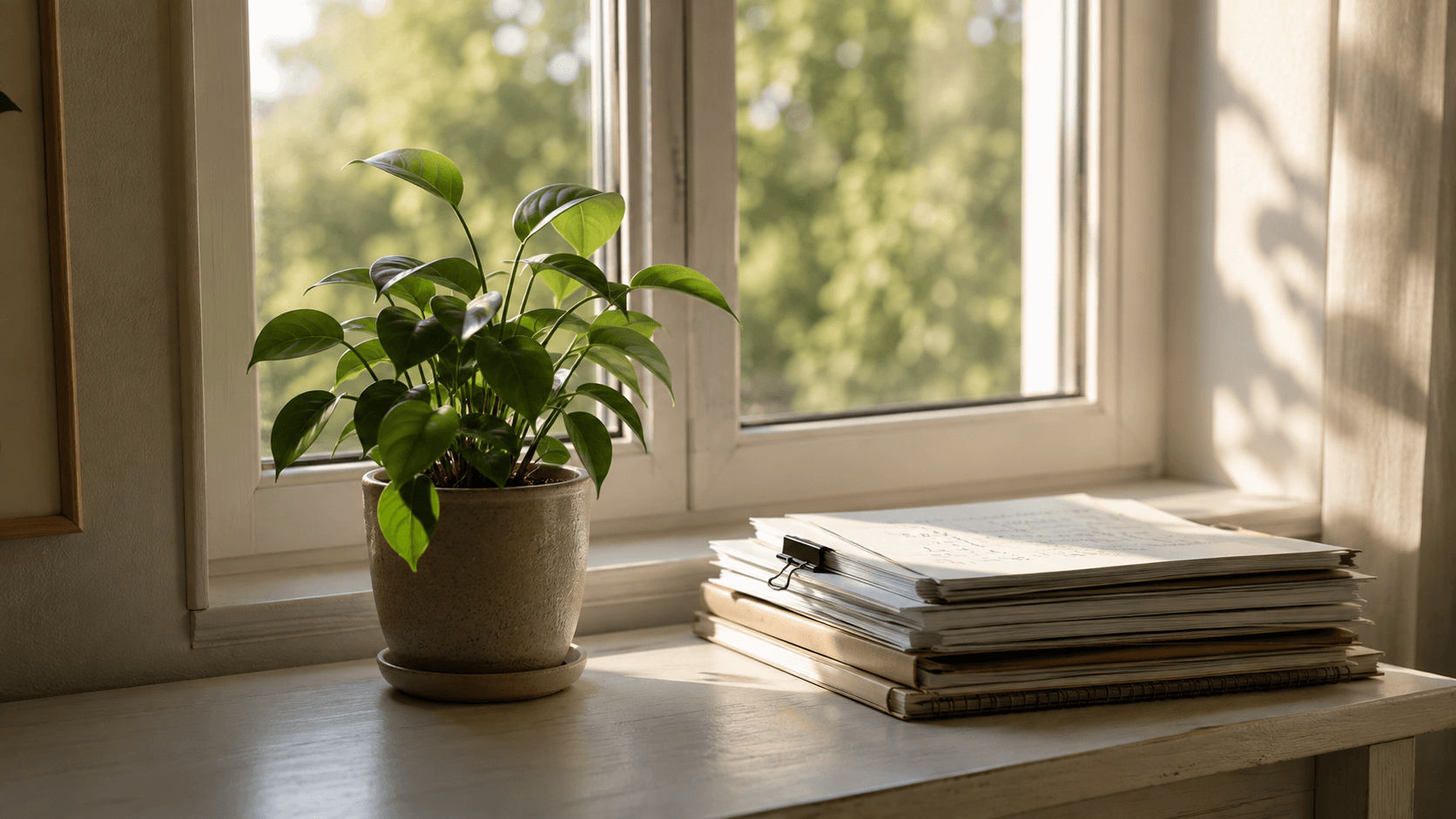 A small potted plant on a windowsill beside a stack of papers, soft natural light, calm composition