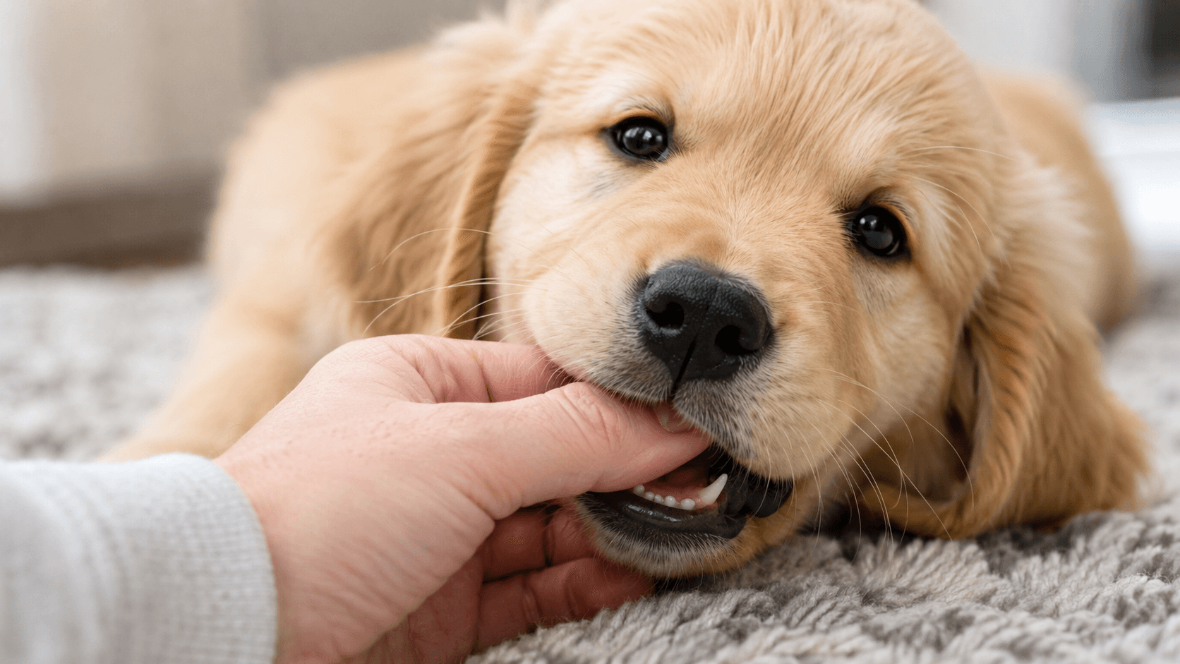 Close-up of a puppy gently mouthing a person's hand, teeth visible but pressure clearly light