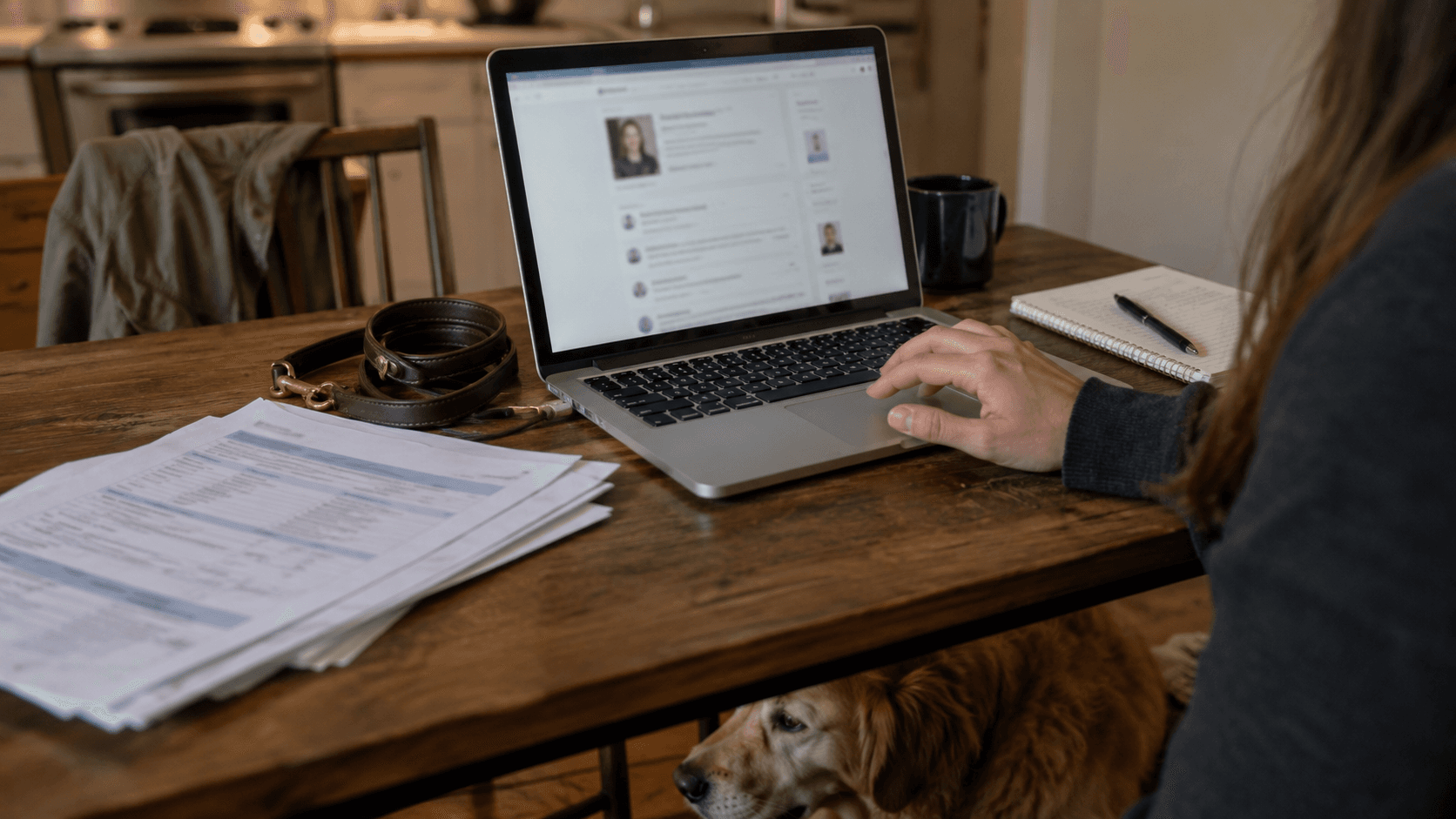Person researching a dog behavior professional online with veterinary papers and a leash on the table