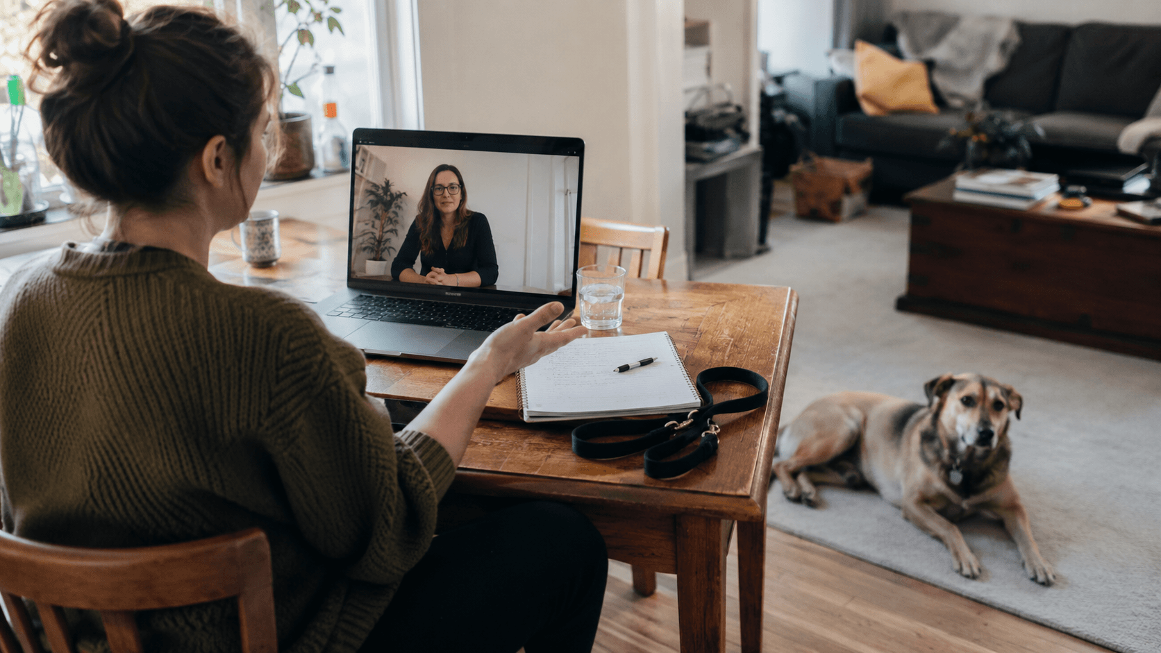 Dog owner having a remote behavior consultation by video call while the dog rests nearby