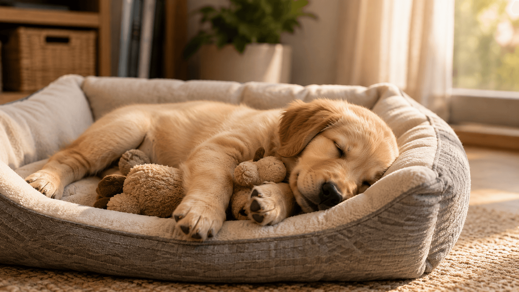 A tired puppy asleep in a dog bed, body fully relaxed after a play session