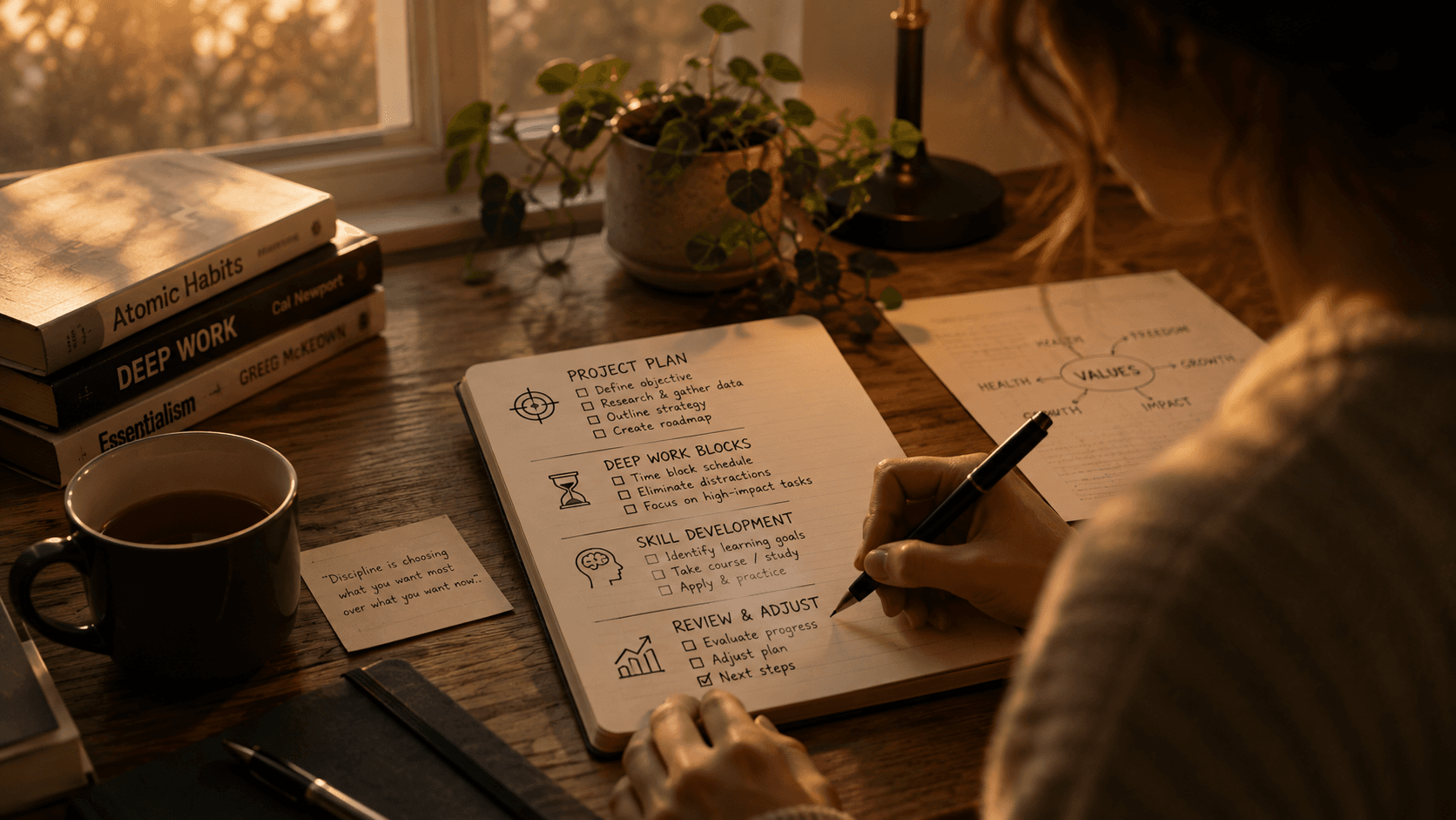A person checking off the final item on a short handwritten list, satisfied posture, warm evening light