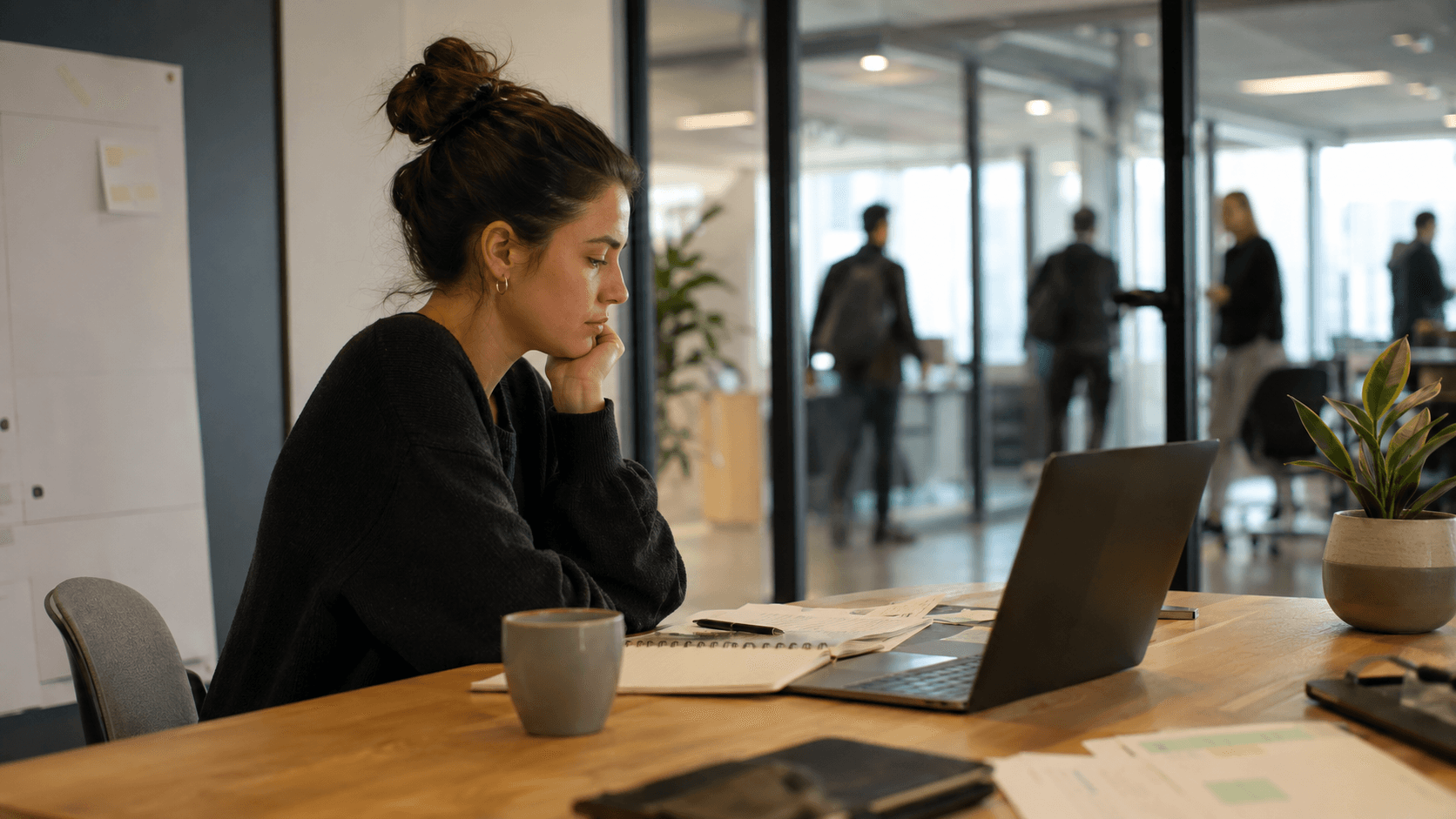 A person sitting alone after a successful work meeting while quietly doubting their own competence