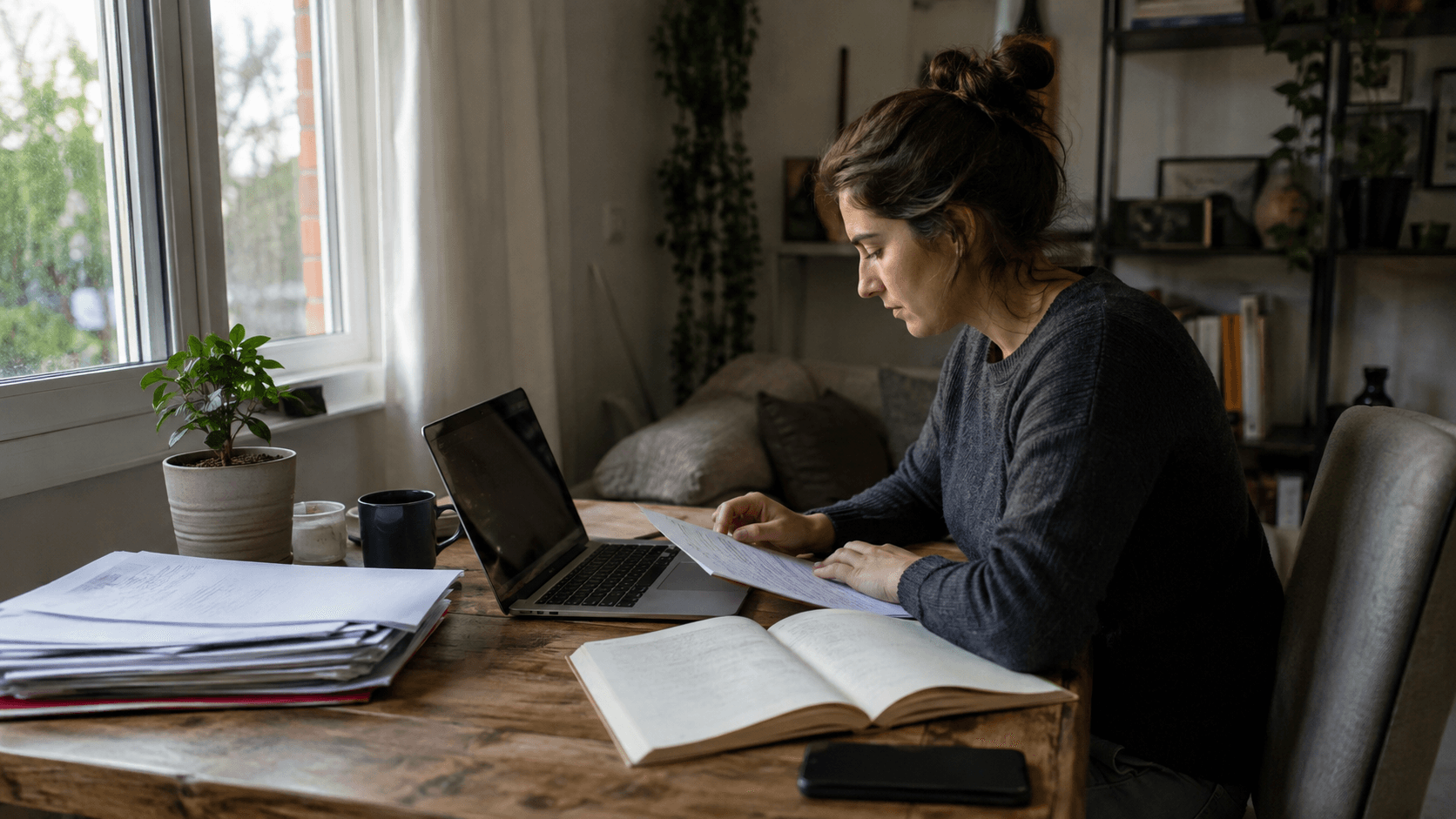 A person beginning one selected task at a laptop with other papers set aside and a phone face down
