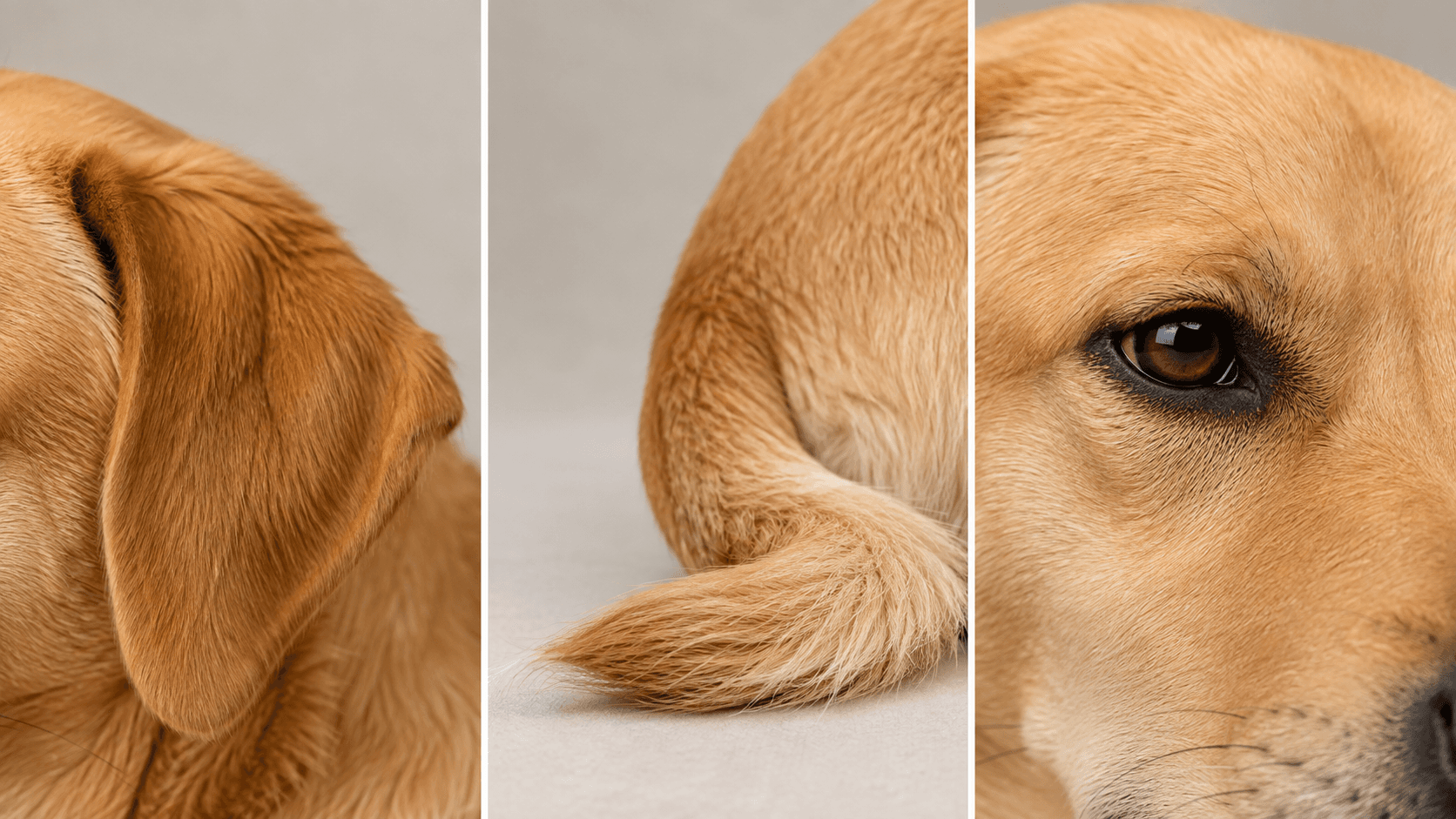 Close-up of a dog's ear, tail, and eye in three small panels showing neutral resting positions