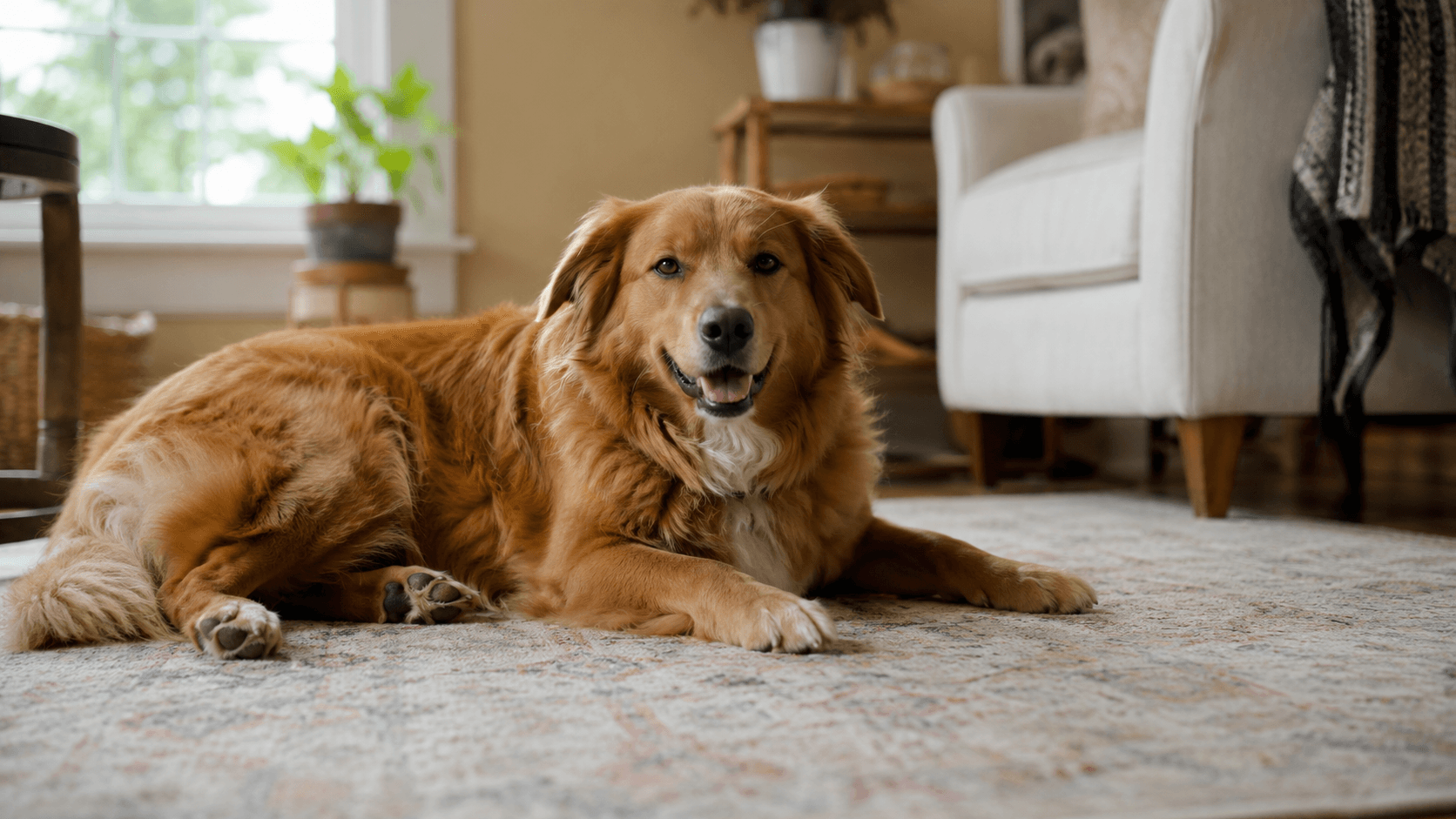 A dog lying in loose relaxed posture on a rug, weight evenly distributed, mouth slightly open