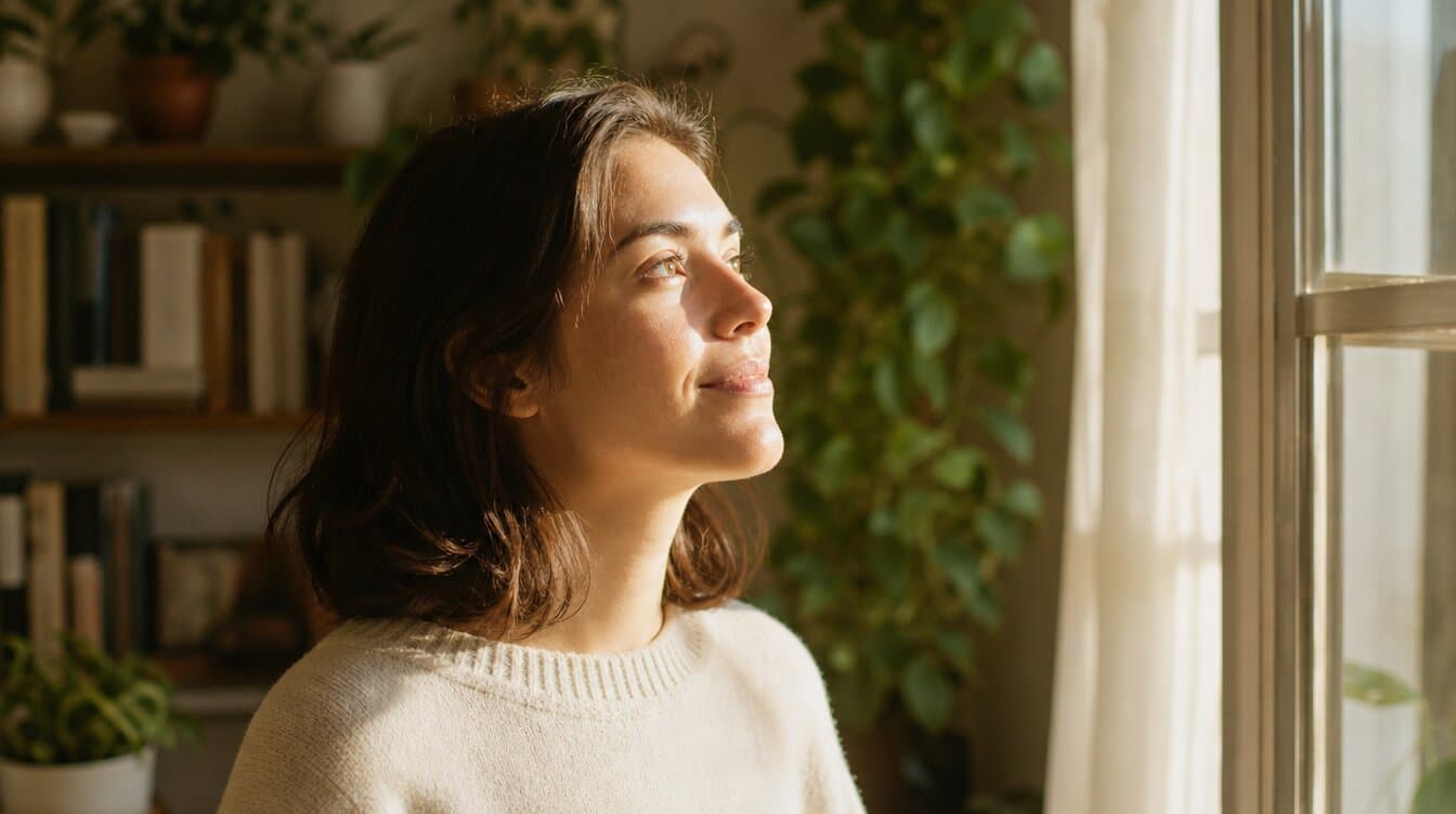 woman in a cream sweater near a window, golden light on her face, slight hopeful smile, plants and bookshelf in the background