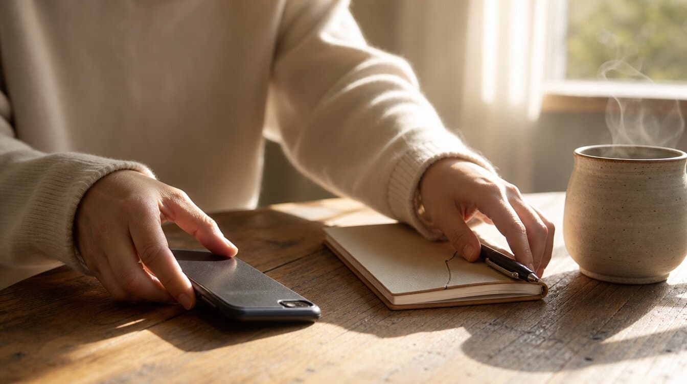 hands on a wooden table, one flipping a smartphone face-down, the other reaching for a notebook and pen, steaming tea nearby, warm morning light