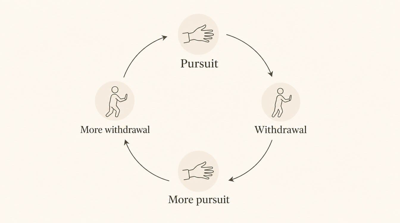 Minimalist infographic circular Pursuit-Withdrawal Loop with icons and arrows, anxious-avoidant attachment cycle diagram