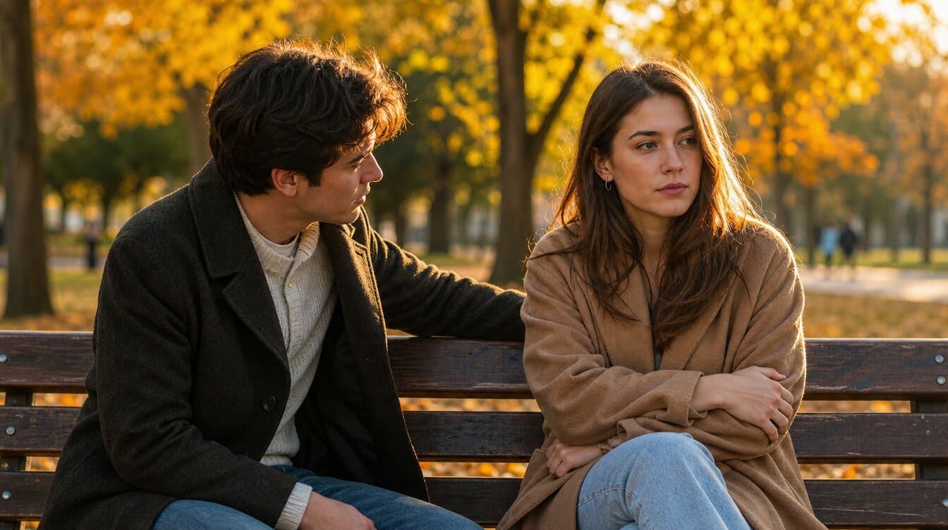 Couple on bench with asymmetrical poses, man leaning in, woman arms crossed looking away, emotional distance anxious-avoidant
