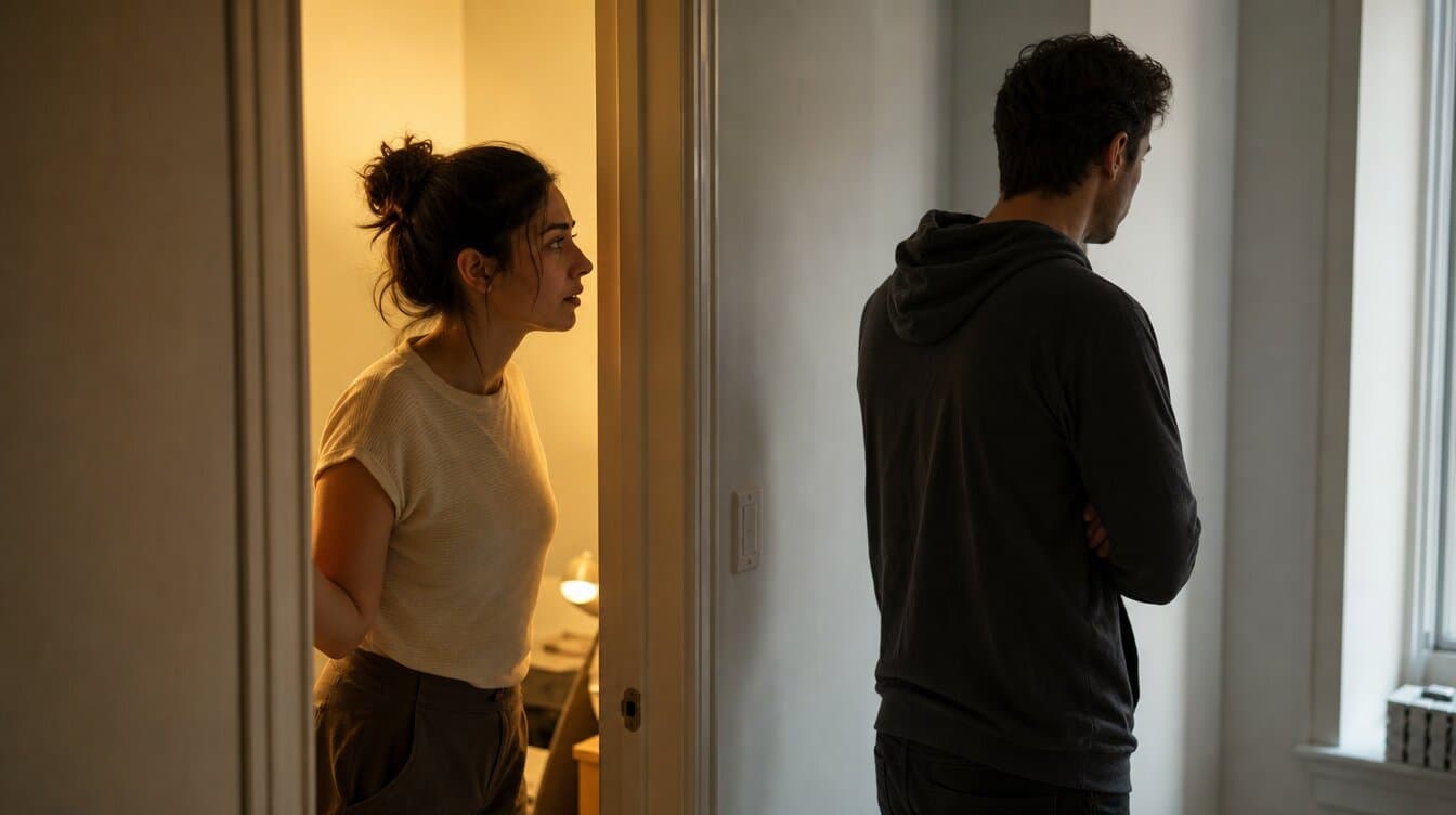 Woman in warm light doorway concerned toward man in cool light with arms crossed, emotional disconnection anxious-avoidant