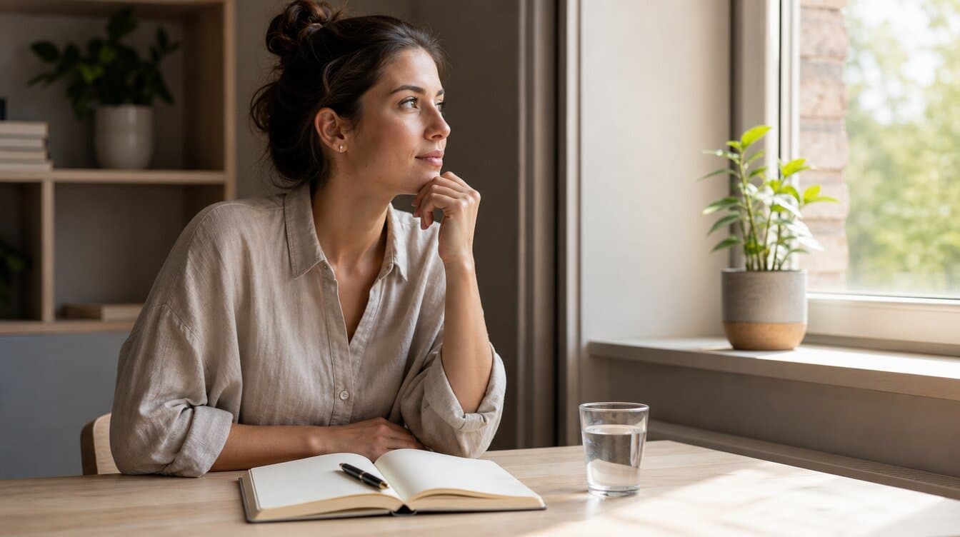 person sitting at a desk by a window, thinking quietly with an open notebook, soft morning light