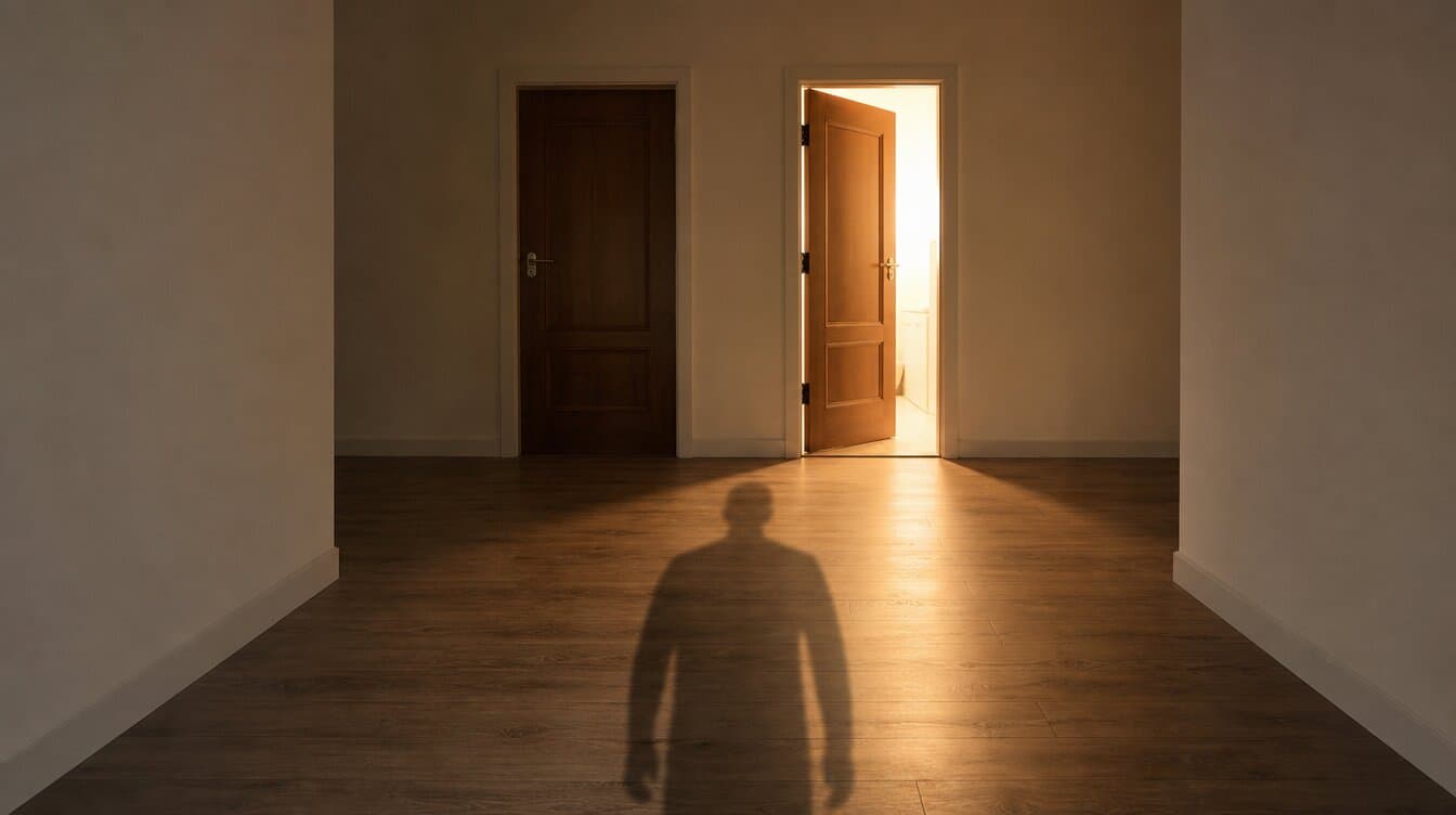 long hallway with two doors at the end, one open with light pouring out, one closed, a person's shadow on the floor between them