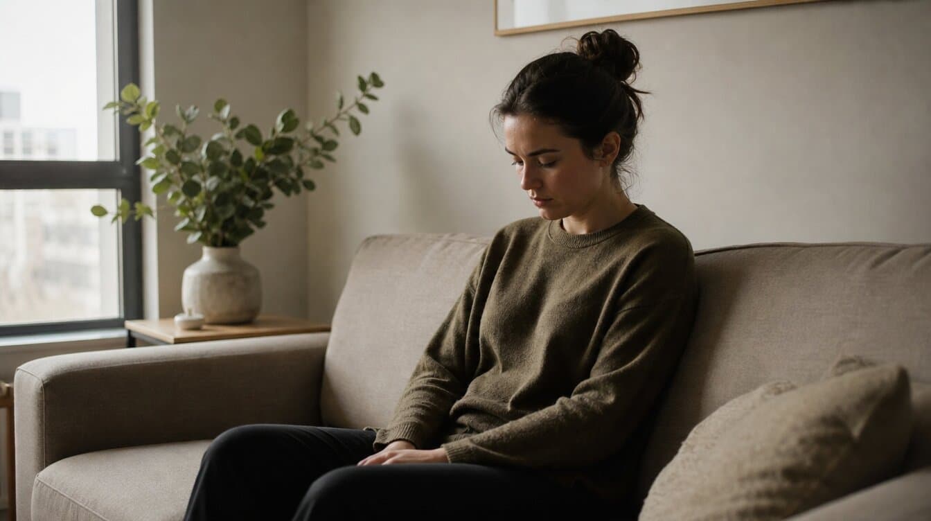Person sitting on a couch, hands resting in their lap, looking down, quiet afternoon light