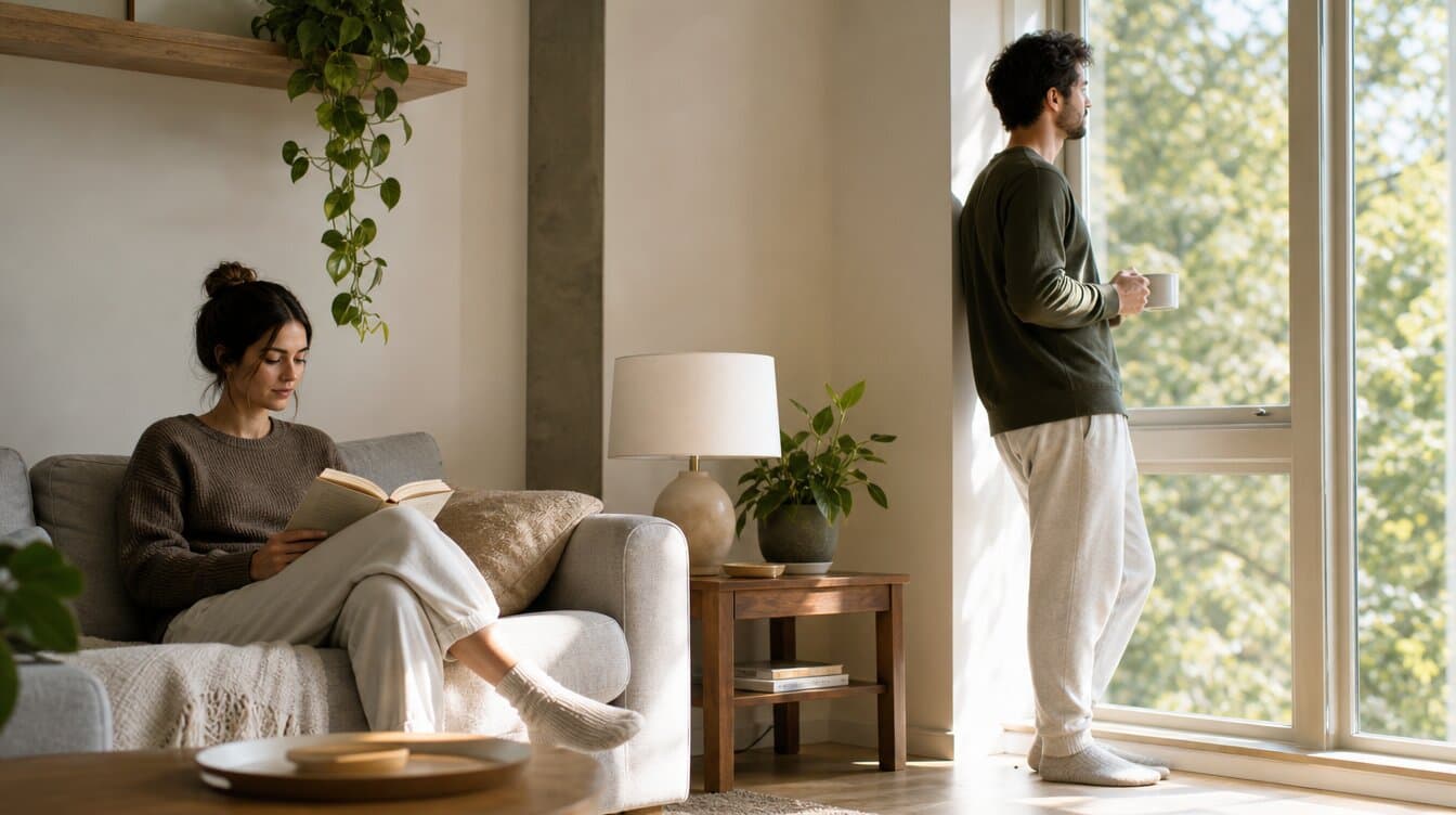 two people at home — one reading on a couch, the other by the window with a mug, quietly together in morning light