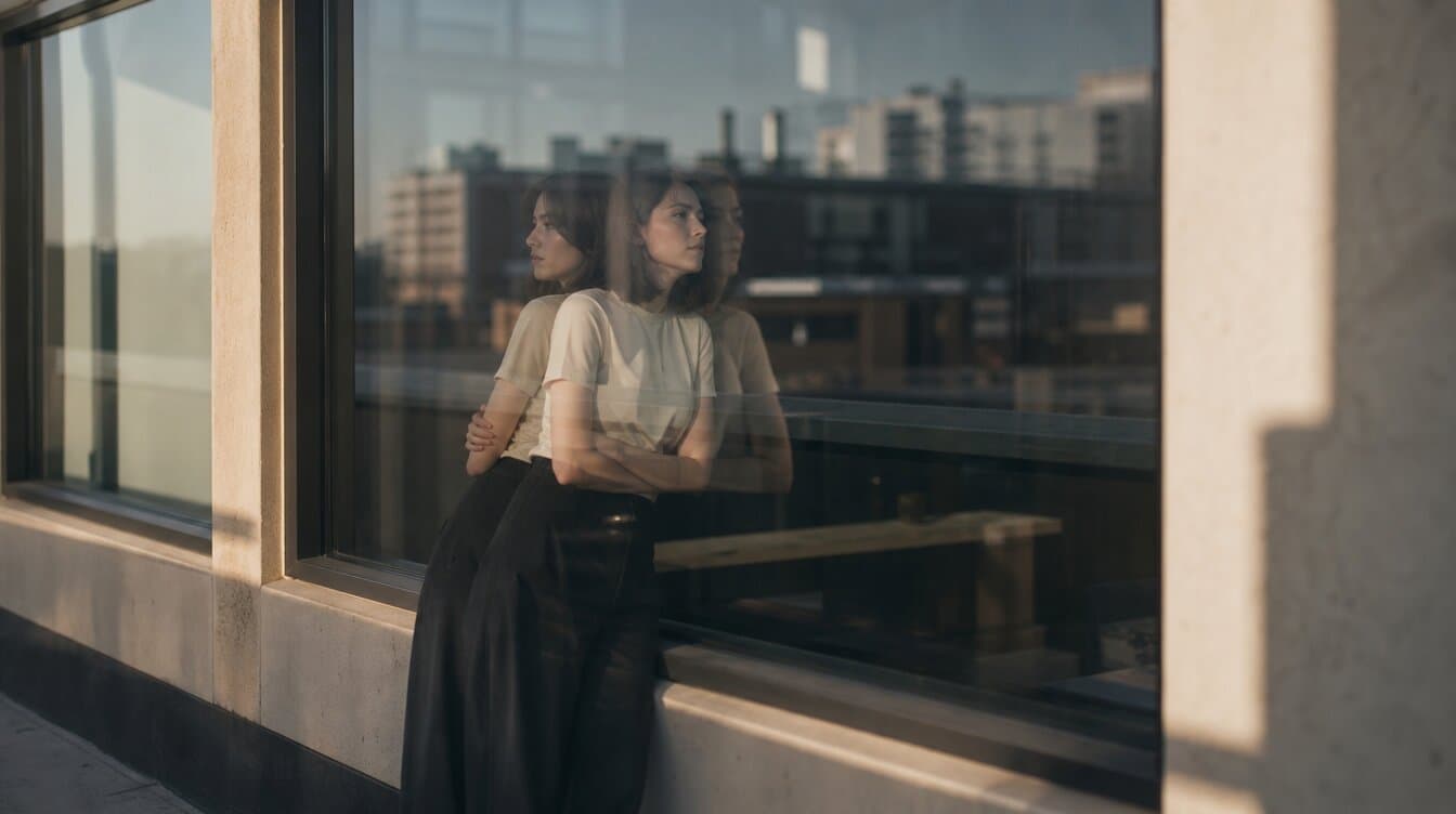 person leaning against a large window, reflection in glass creating a doubled image, two versions of the same person, one leaning in one leaning back