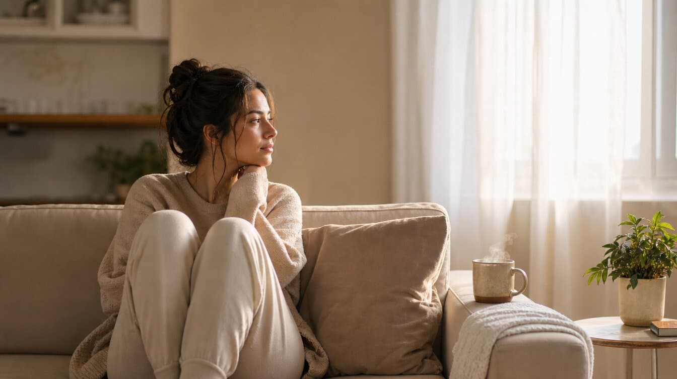 woman sitting on the left side of a beige couch looking toward the empty space beside her, a steaming mug on the empty side, soft daylight