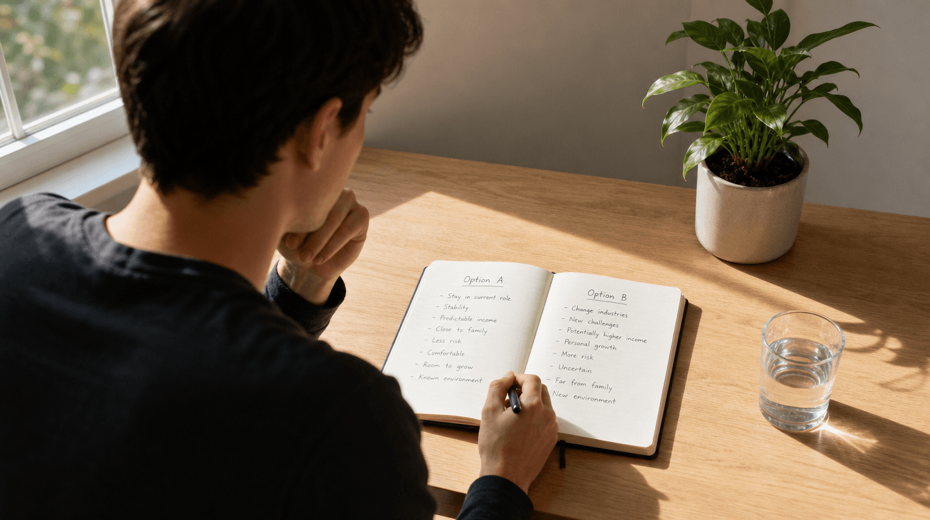 person sitting at a desk with an open journal showing two columns of notes, comparing options, soft morning light