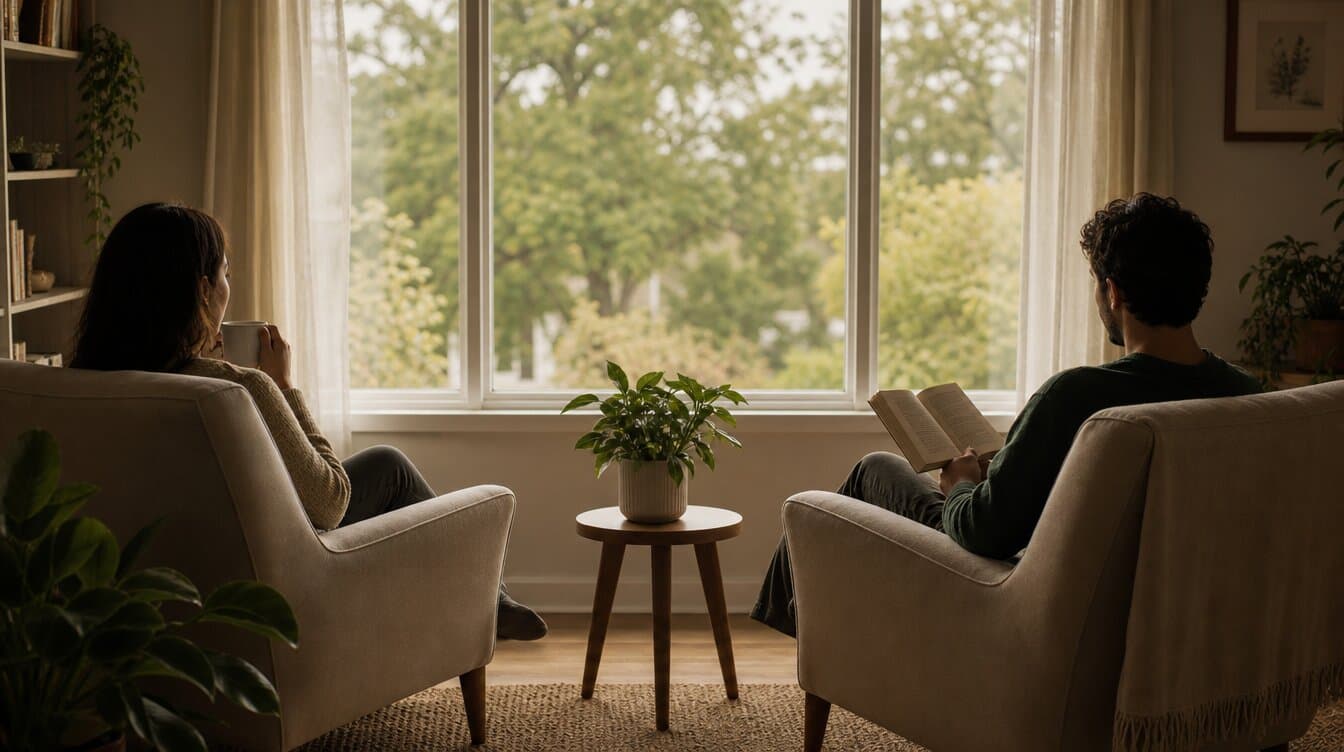 two people in separate armchairs facing a window, space between them, one reading a book one holding a mug, peaceful quiet coexistence