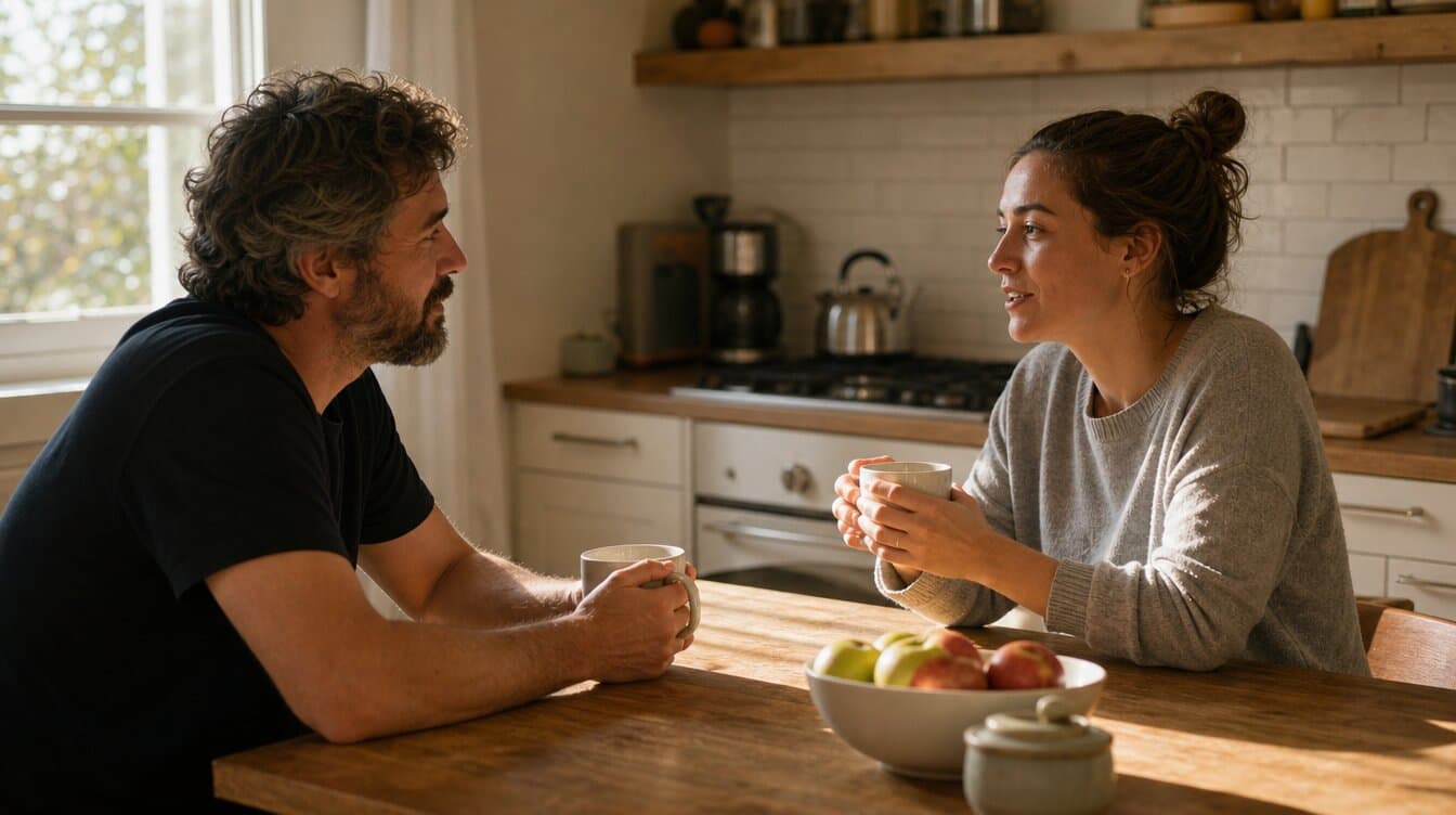 two people sitting across from each other at a kitchen table with mugs, having a relaxed conversation, warm afternoon light