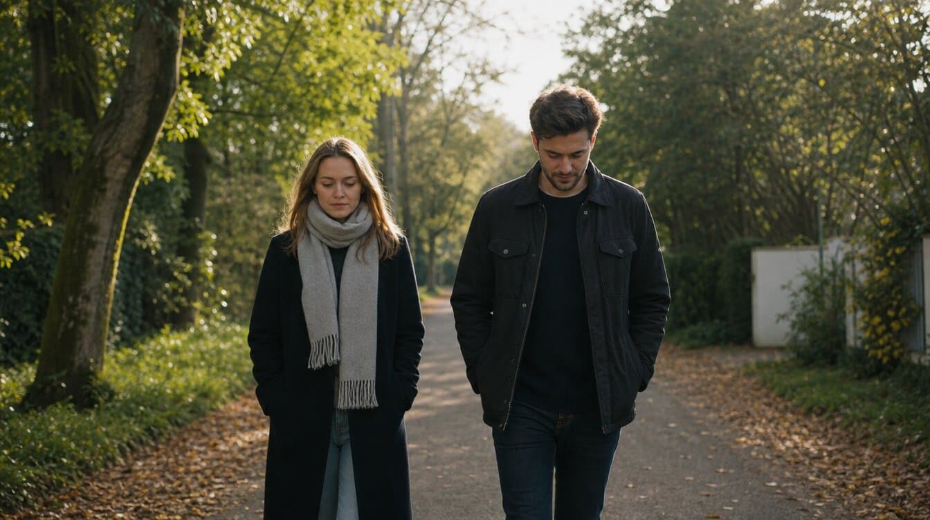 Two people walking side by side outside, close together, natural daylight