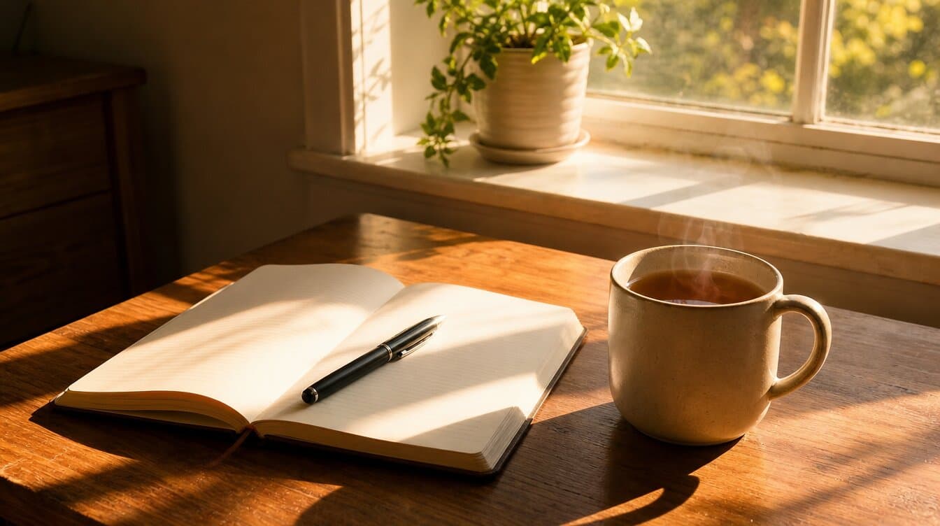 open notebook with a pen on a wooden table by a sunlit window, steaming mug of tea, potted plant on the windowsill, warm morning light