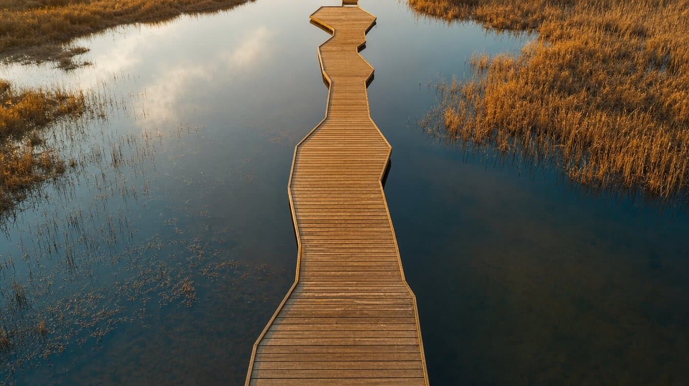 wooden boardwalk zigzagging through calm water, seen from above, non-linear path, soft evening light