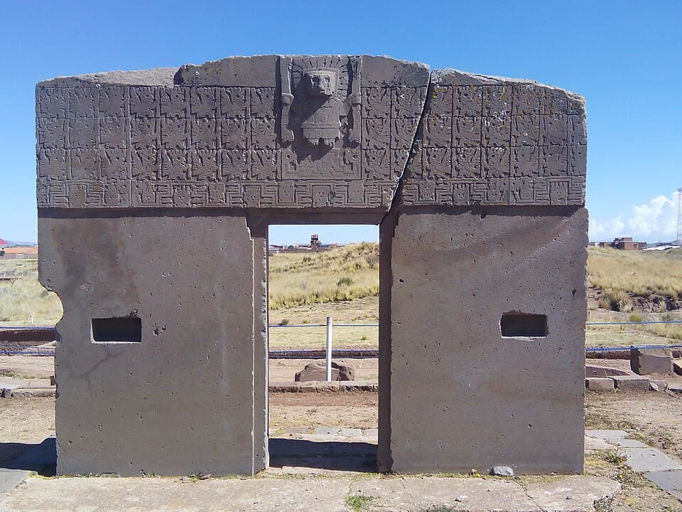 The Gate of the Sun at Tiwanaku, a carved stone gateway standing alone on the high plain of Bolivia