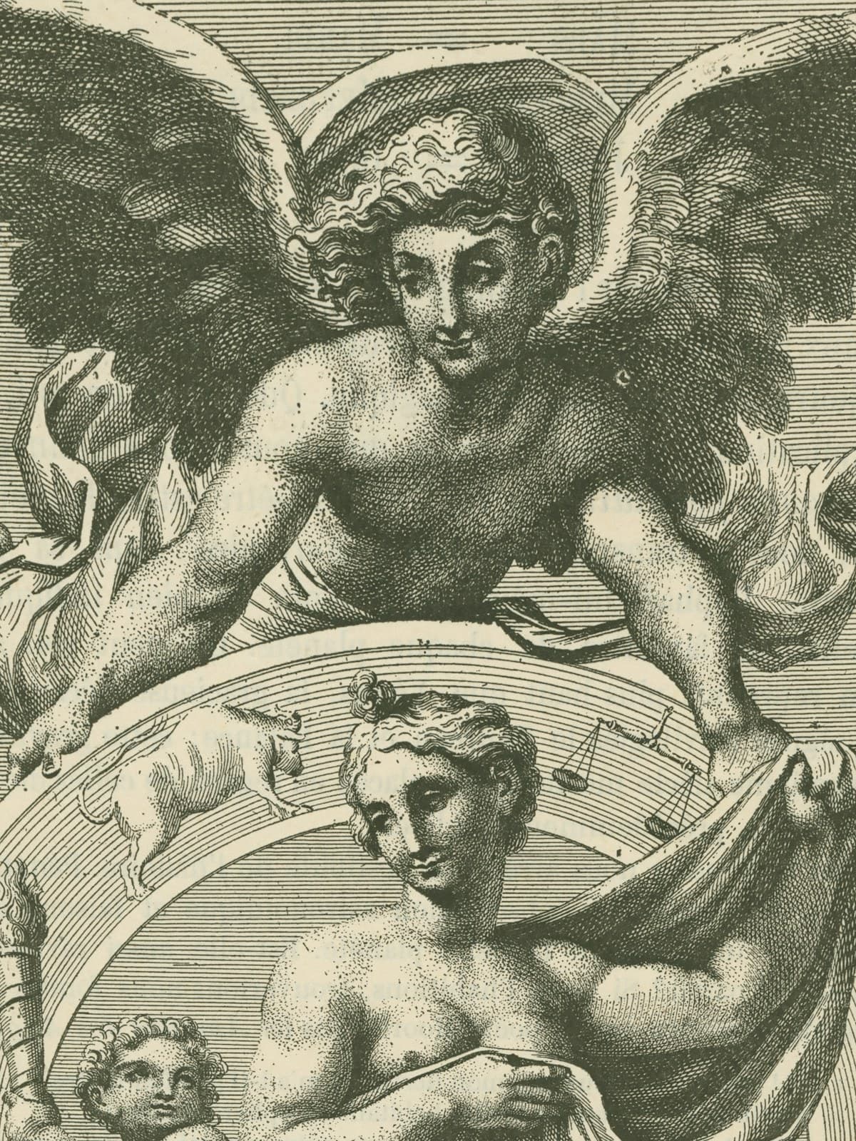 Un grabado de una figura alada sobre figuras mitológicas y símbolos del zodiaco
