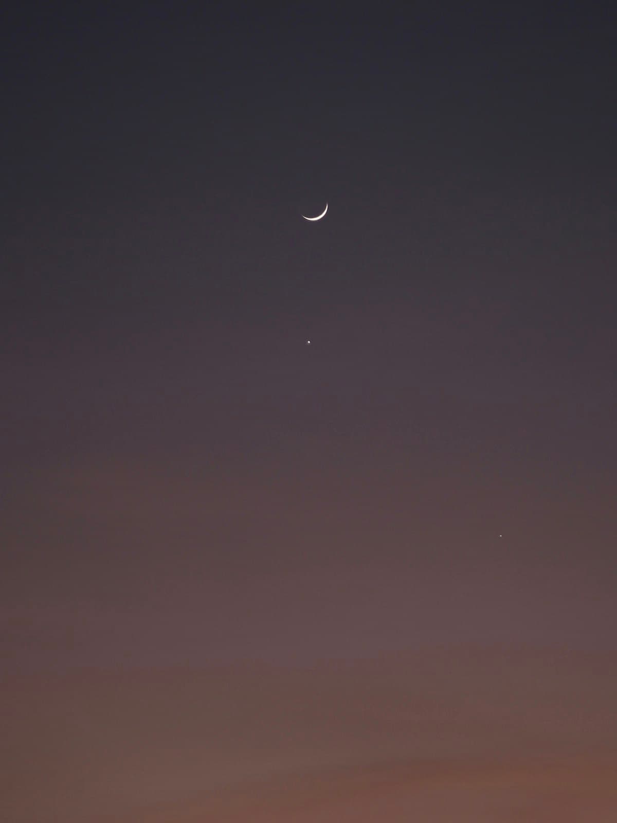 Una fina Luna creciente con Venus cerca en un cielo oscuro de crepúsculo