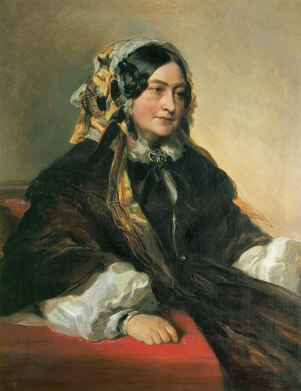 A painted portrait of an older woman in a dark dress and lace cap, seated in a red chair